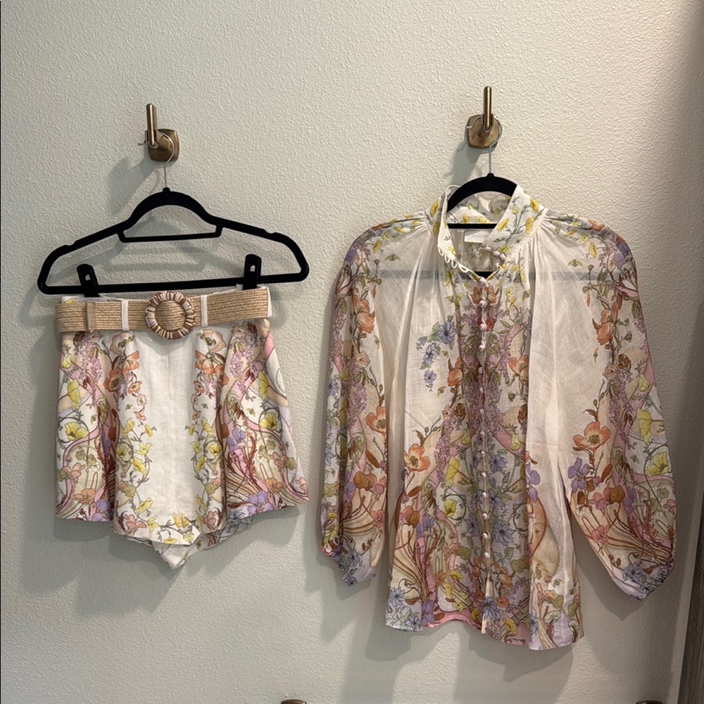 Zimmerman Floral Linen Blouse and Shorts Set with Removable Belt